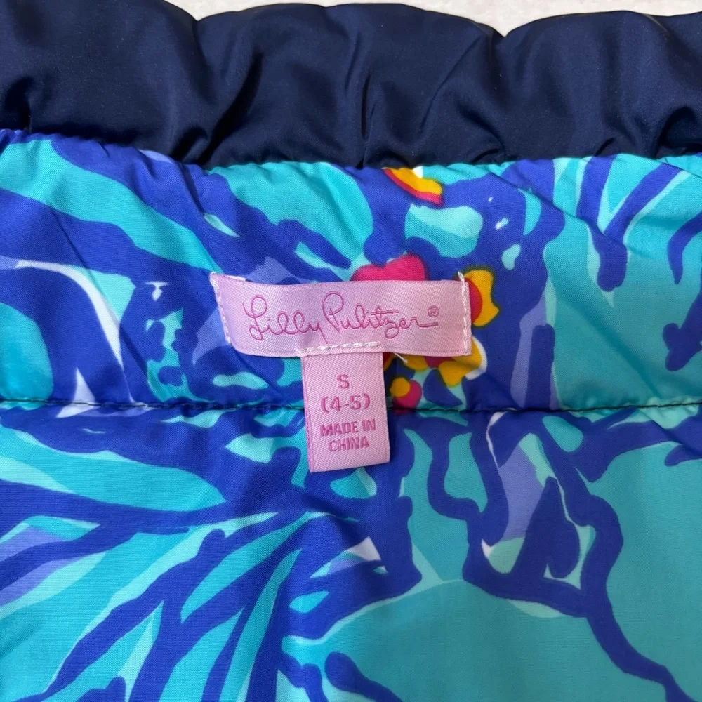Lilly Pulitzer Girl's Navy Blue Mini Kate Puffer Vest Ruffle Bow Detail Size 4-5